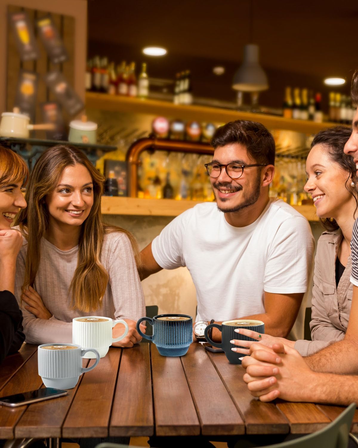 Hasense Ceramic Coffee Mug Set of 4 with Rack - 12 oz Stackable Coffee Cups Ceramic - Modern Ribbed Latte Cup Sets for Cappuccino, Tea, Hot Cocoa, Drinks - Wedding & Housewarming Gifts Multi Colors