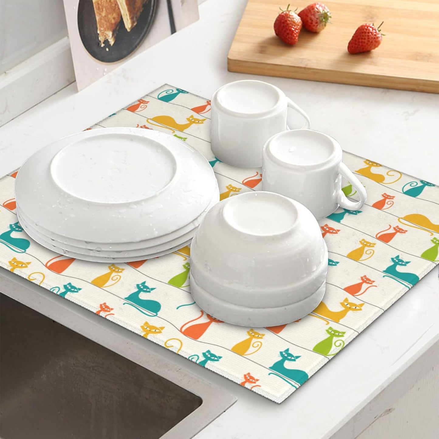 Mid Century Modern Cats Dish Drying Mat for Kitchen Counter Washable Absorbent Reversible Microfiber Cute Drying Pad Kitchen Accessories 16x18 Inch