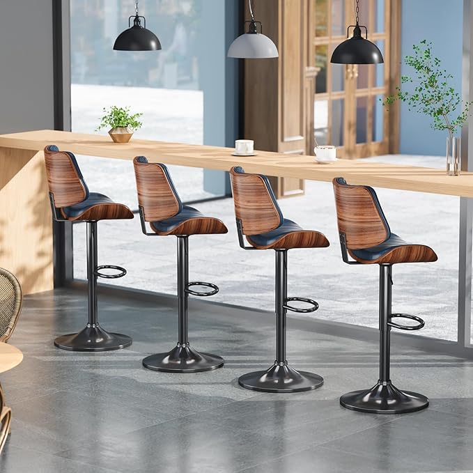 Swivel Bar Stools Set of 3, Adjustable Bentwood Barstools for Kitchen Counter, Modern PU Leather Upholstered Bar Chair with Back and Footrest, for Kitchen Island, Bar, Dining Room, Navy