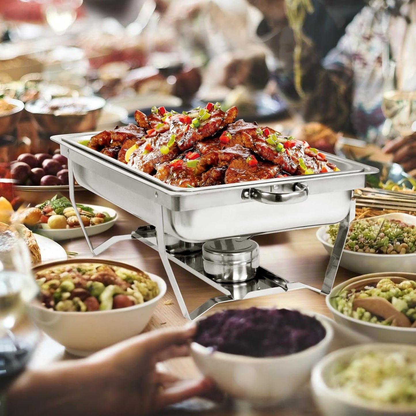 8QT Chafing Dish Buffet Set, Stainless Steel Food Warmer Kit with Lids, Food Pans, Water Pan and Fuel Holders for Restaurant Catering Parties Weddings (1 PC)