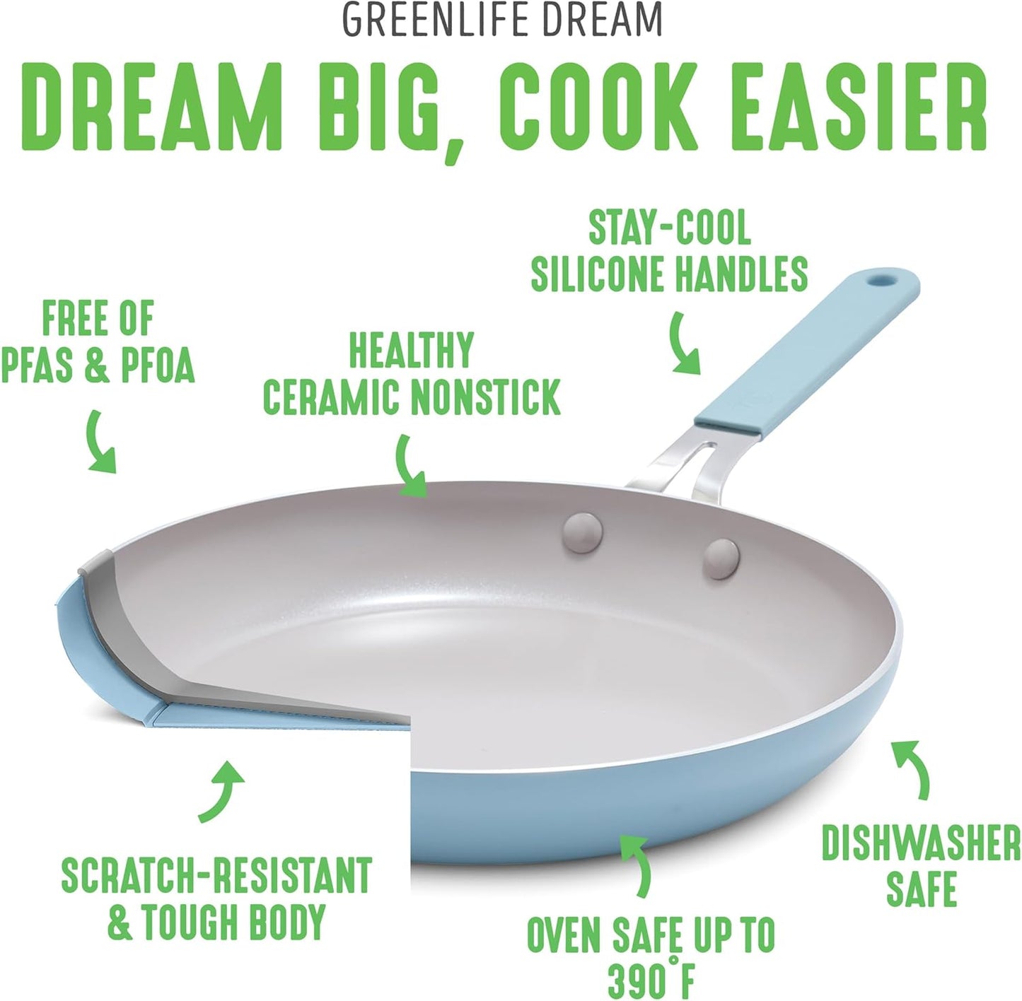 GreenLife 8” & 10” 2 Piece Nonstick Ceramic Frying Pan Set, Lightweight Healthy PFAS-Free Skillets, Dishwasher & Oven Safe, Durable Body, Silicone Stay-Cool Handles, Easy Release, Blue Haze