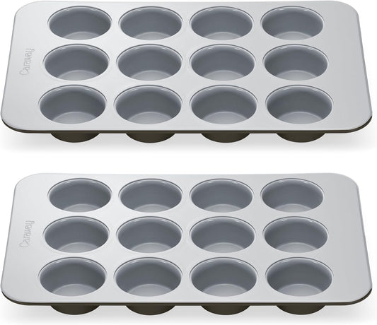 Caraway Non-Stick Ceramic 12-Cup Muffin Pan Duo - Naturally Slick Ceramic Coating - Non-Toxic, PTFE & PFOA Free - Perfect for Cupcakes, Muffins, and More - Black