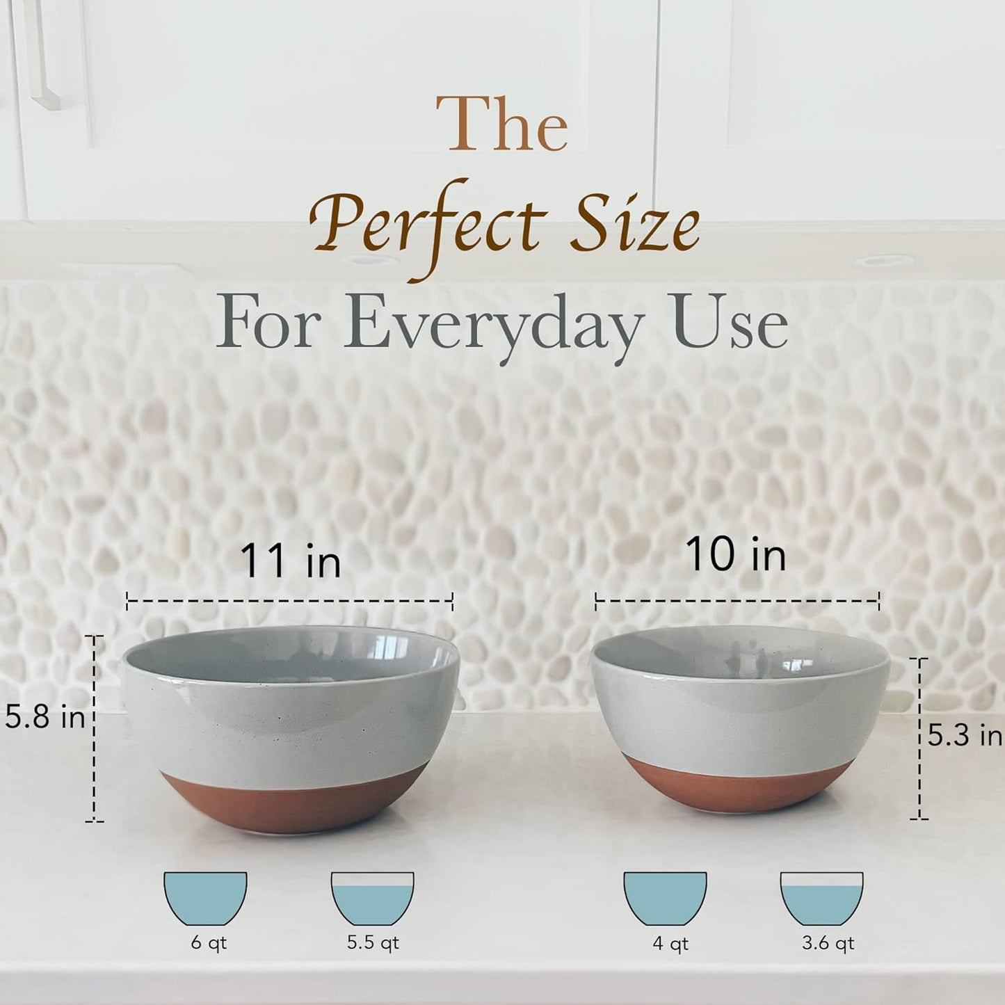 Mora Ceramic Large Mixing Bowls - Set of 2 Nesting Bowls for Cooking, Serving, Popcorn, Salad etc - Microwavable Kitchen Stoneware, Oven, Microwave and Dishwasher Safe - Extra Big 5.5 & 3.6 Qt - Grey