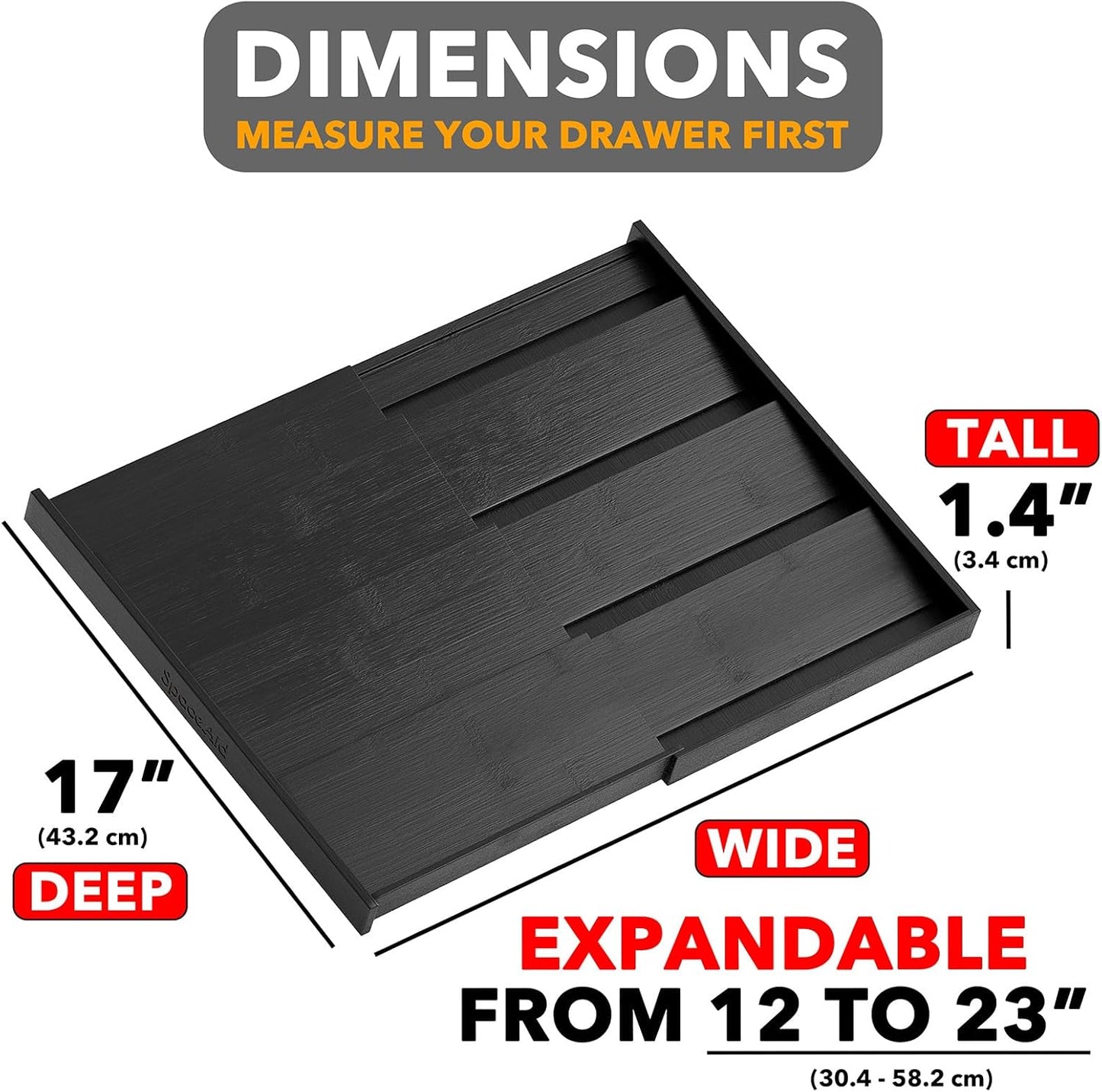 SpaceAid Bamboo Black Spice Drawer Organizer, (Need 3" Deep Drawer) Expandable 4 Tier Spices Rack for Cabinet, Kitchen Seasoning Storage Insert (Jars Not Included, From 12" to 23" Wide)