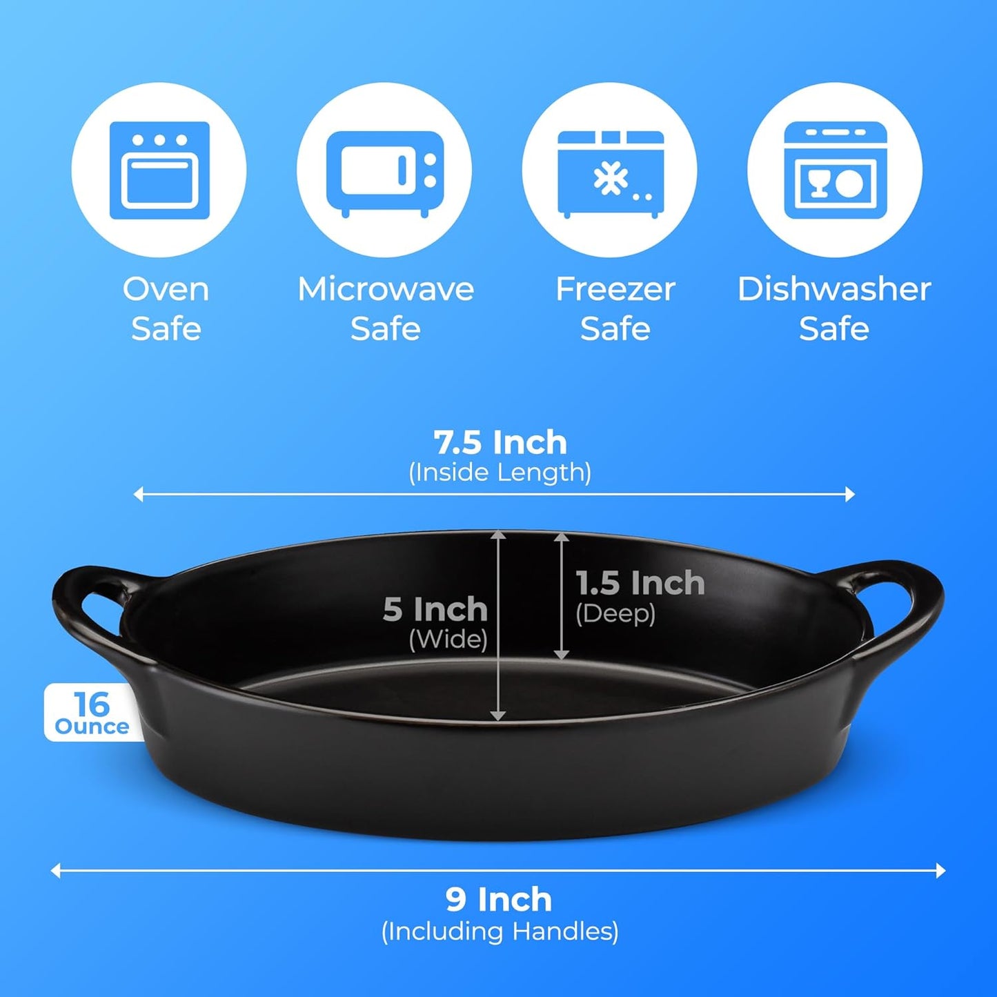 Oval Au Gratin Baking Dishes for Oven Safe and Microwave Cooking and Baking, 4 Pc. Set, Heat Resistant Ceramic with Handles for Serving, Small Mini Casserole Dish, 8" x 5", 16 oz, Matte Black