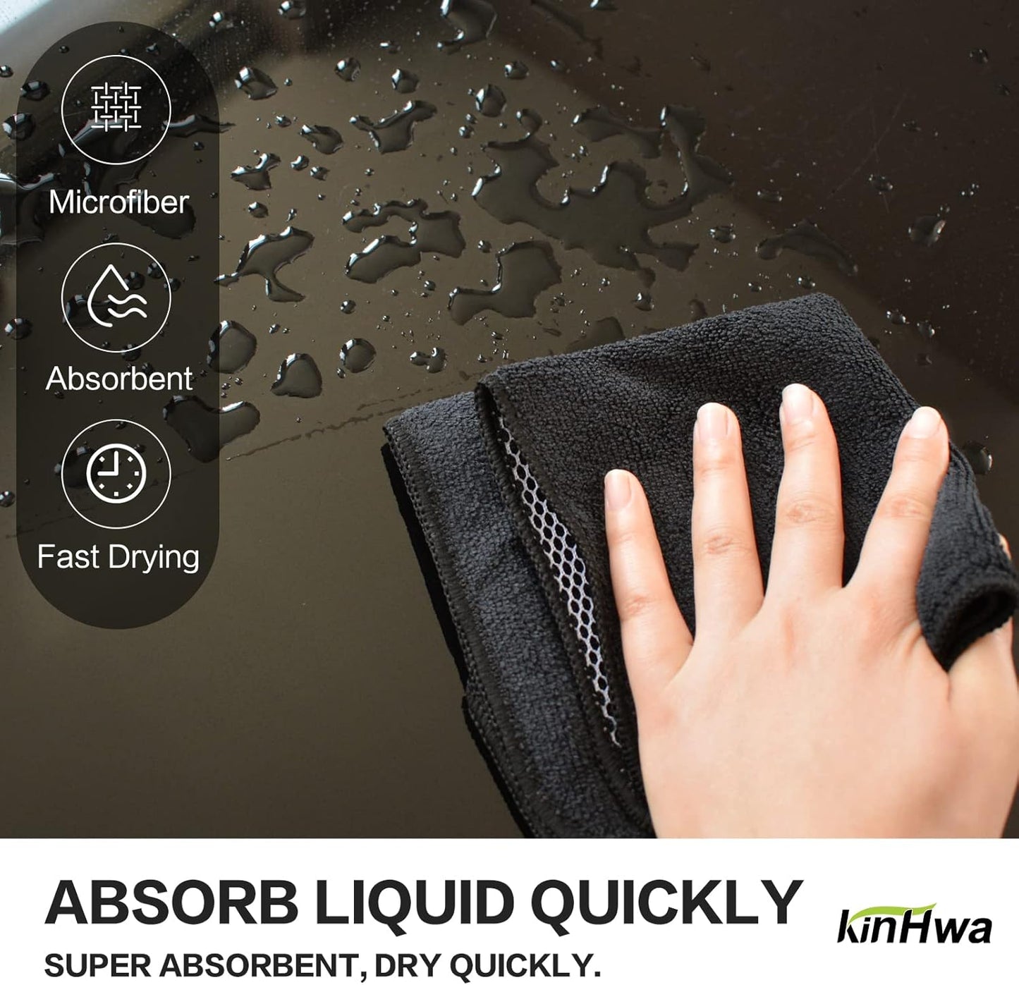 KinHwa Kitchen Washcloths for Dishes Absorbent Microfiber Dish Cloths Quick Dry Dish Rags with Poly Scour Scrub Side Ideal for Kitchen Cleaning (Black, 12inchx12inch 18 Pack)