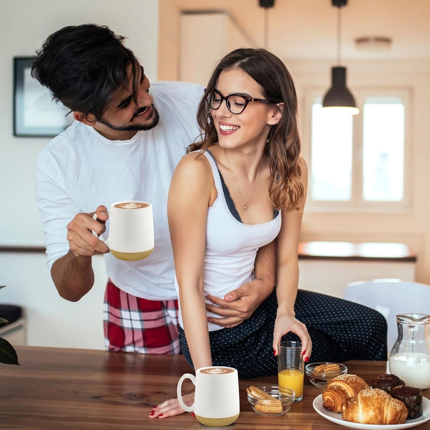 Hasense Coffee Mugs Set of 4, 15 oz Ceramic Coffee Cups with Comfortable Handle, Large Tea Cups for Coffee, Soup, Latte, Mug Set Gift for Wedding, Microwave and Dishwasher Safe, White