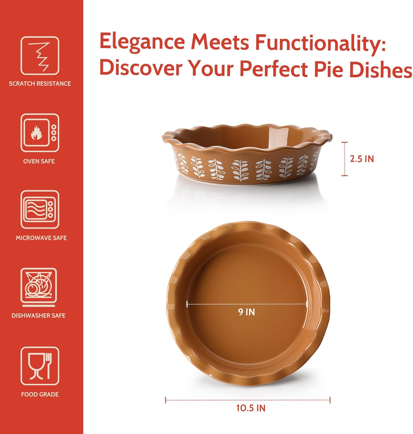 Sweese Porcelain Deep Fluted Pie Dish for Baking - 9 inch Porcelain Pie Plate for Apple, Quiche, Pot Pies, Tart - Leaf - Brown