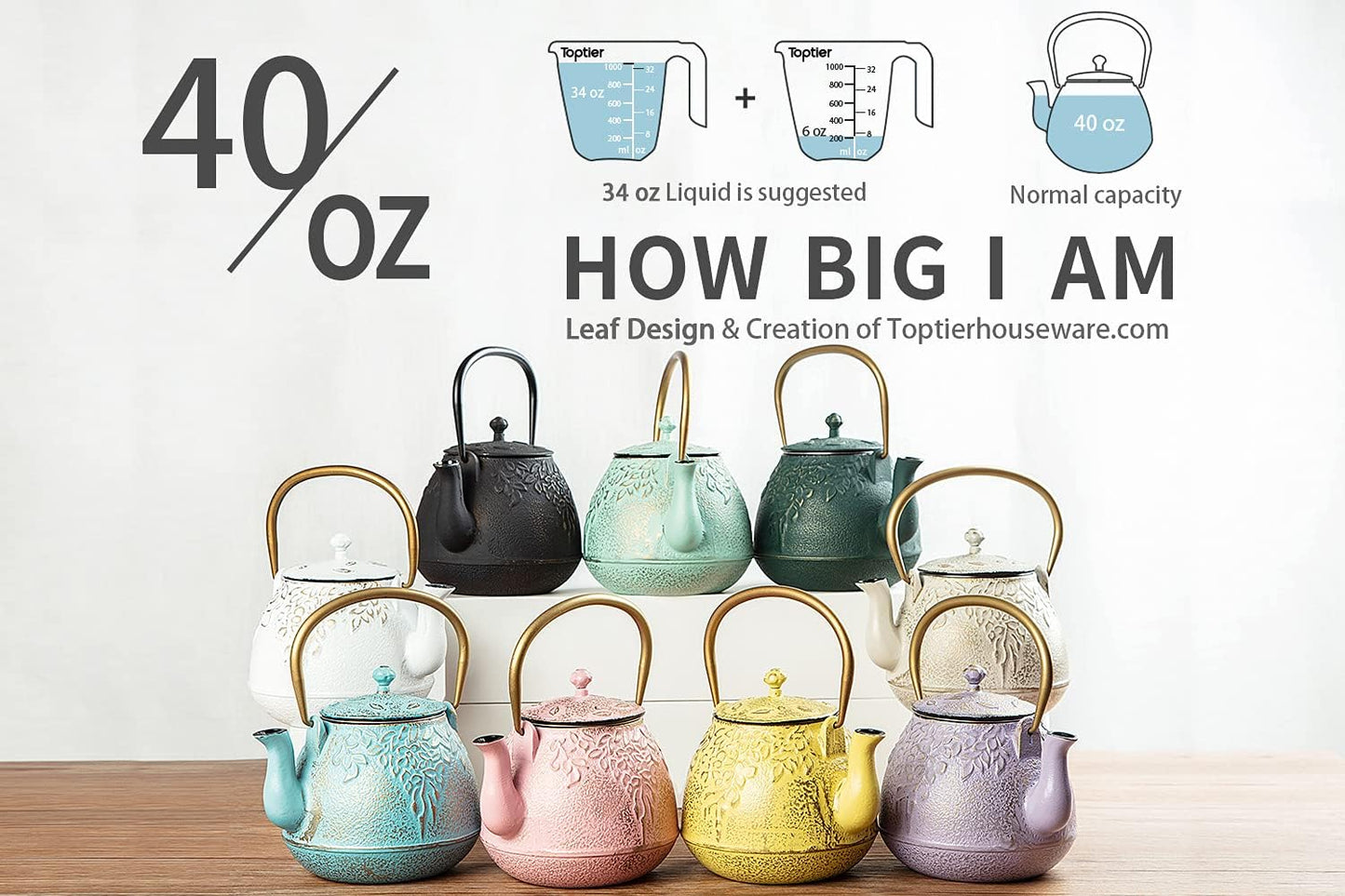 Tea Kettle, TOPTIER Japanese Cast Iron Teapot with Infuser for Loose Leaf and Tea Bags, Stovetop Safe Cast Iron Tea Kettle Coated with Enameled Interior for 40 oz (1200 ml), Beige