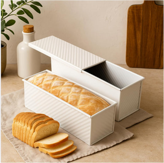 2-Pack Beige Pullman Loaf Pan with Lid, Long Nonstick Bread Pan for Toast & Sandwich Bread, Cream White Nonstick Loaf Pan, 3 Vented Holes & Ridged Design, Great for Baking Lovers and Home Use