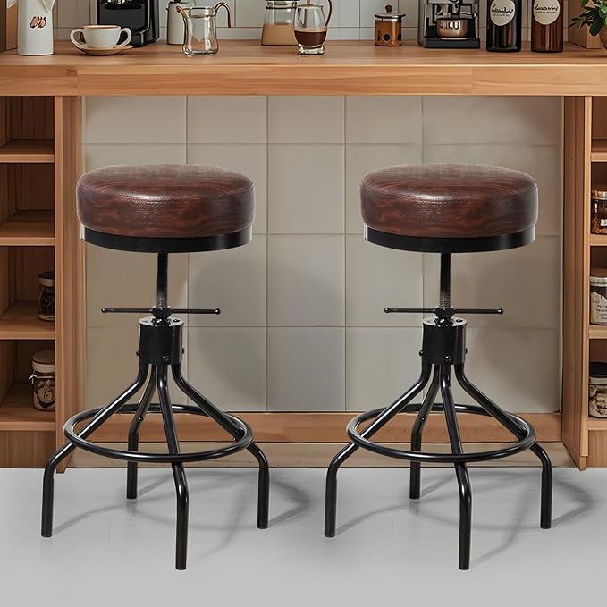 Counter Height Bar Stool Adjustable Swivel Round Barstools Modern PU Leather 28inch Backless Metal Industrial Stool Bar Chair for Kitchen Island (1, Walnut)