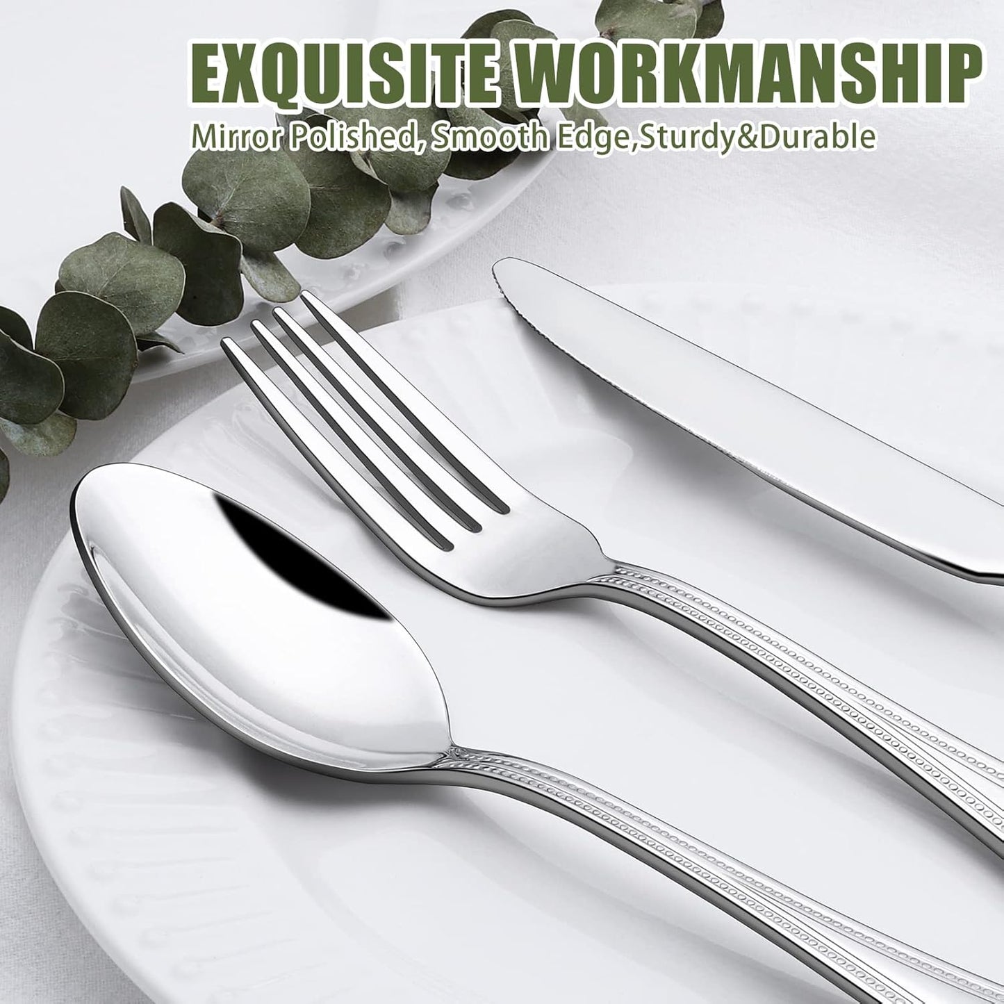 40 Piece Silverware Set for 8, Terlulu Stainless Steel Flatware Set, Mirror Polished Cutlery Set Utensil Set, Tableware Include Forks Spoons Knives for Home Restaurant, Beaded Handle, Dishwasher Safe