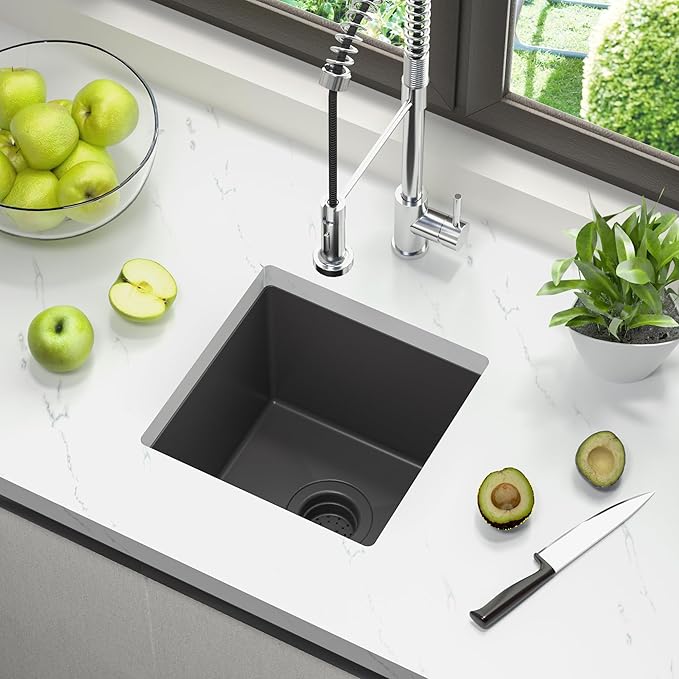 TORVA 14 x 14 Inch Gloss Black Undermount Kitchen Sink, PVD Coated Gunmetal Sink，16 Gauge T-304 Stainless Steel Single Bowl Wet Bar or Prep Sink with Zero-Radius Corners, Dark Grey