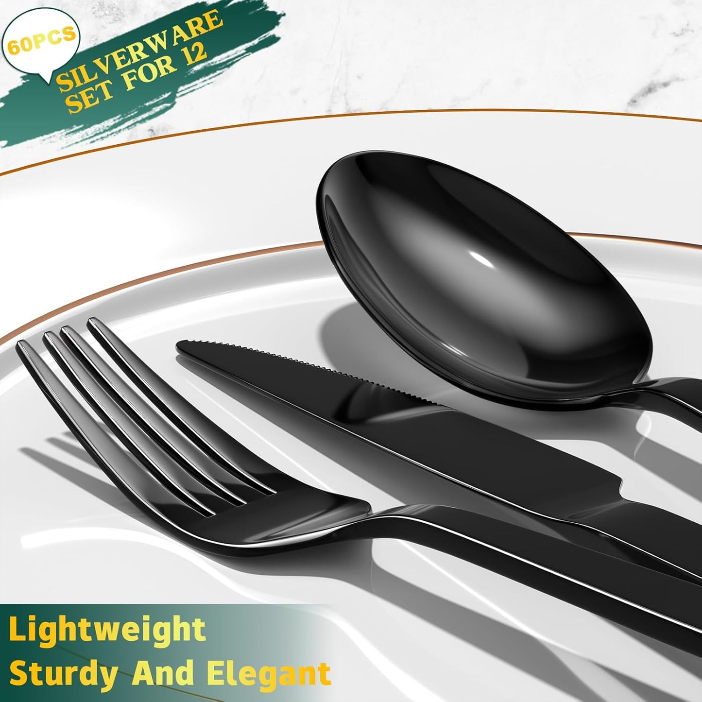 60 Pieces Black Silverware Set, Premium Stainless Steel Flatware Set for 12, Yoehka Mirror Polished Tableware Cutlery Set for Home and Restaurant, Include Knife/Spoon and Fork, Dishwasher Safe