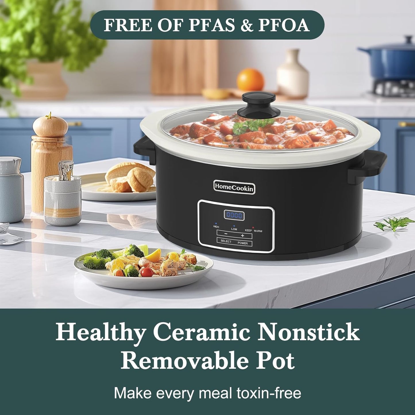 HOMECOOKIN 7-Quart Programmable Slow Cooker with Timer Keep Warm - Small Kitchen Appliance for Family Dinners - Serves 6+ People (Black)