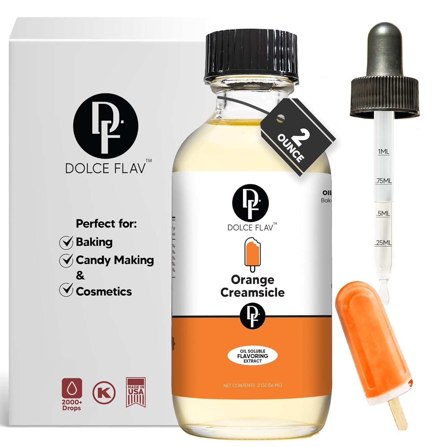 Dolce Flav Orange Creamsicle Extract - 2 Ounce Oil-Soluble Multipurpose Flavoring Ideal for Candy Making, Baking, Lip Balm, and Ice Cream - Perfect Kitchen Gift for Holidays
