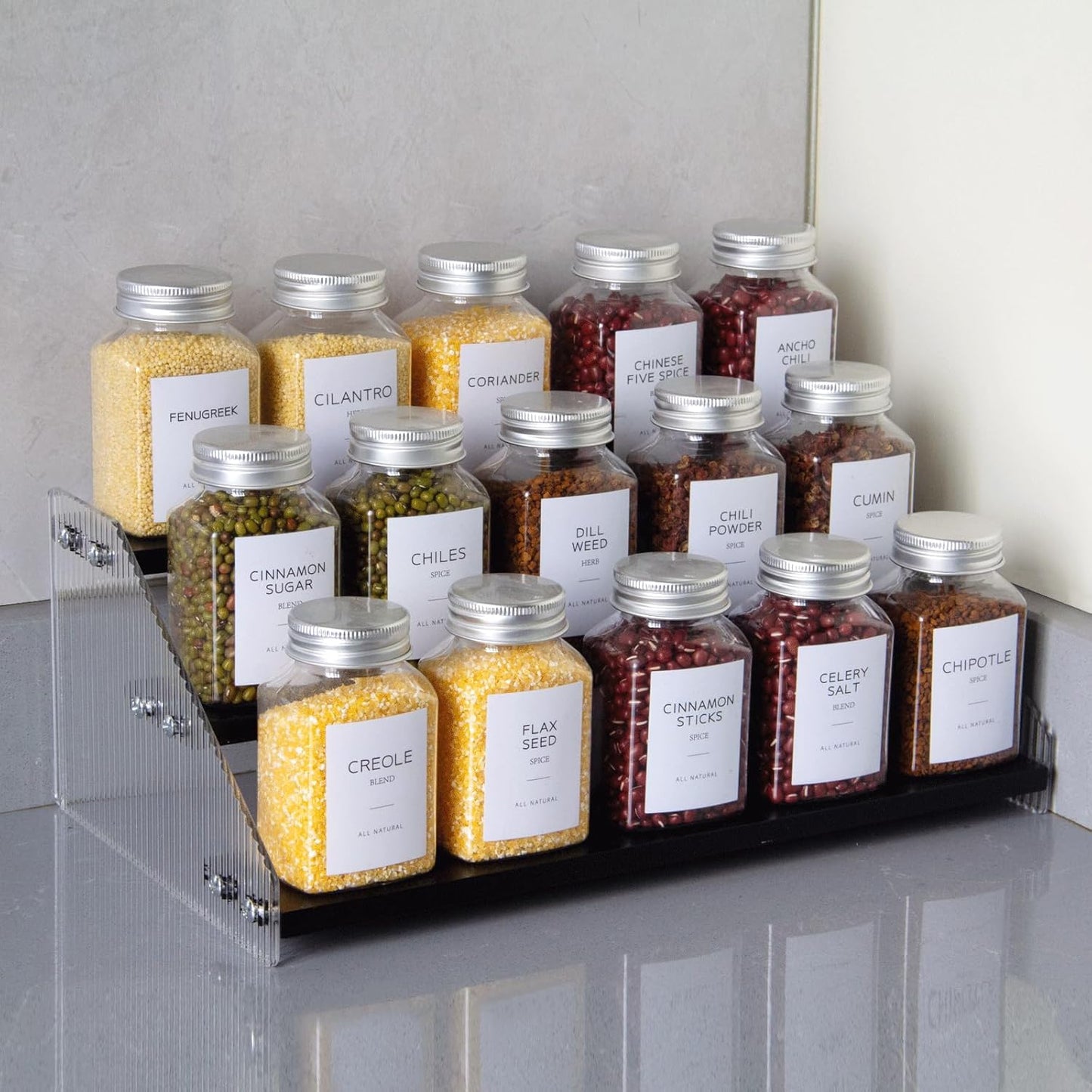 nianfeng Tiered Spice Rack, 3-Tier Spice Pantry Kitchen Cabinet Organizer, 12-Inch, Natural Wood Acrylic Stair Riser Stand, Countertop Seasoning Shelf (Black)