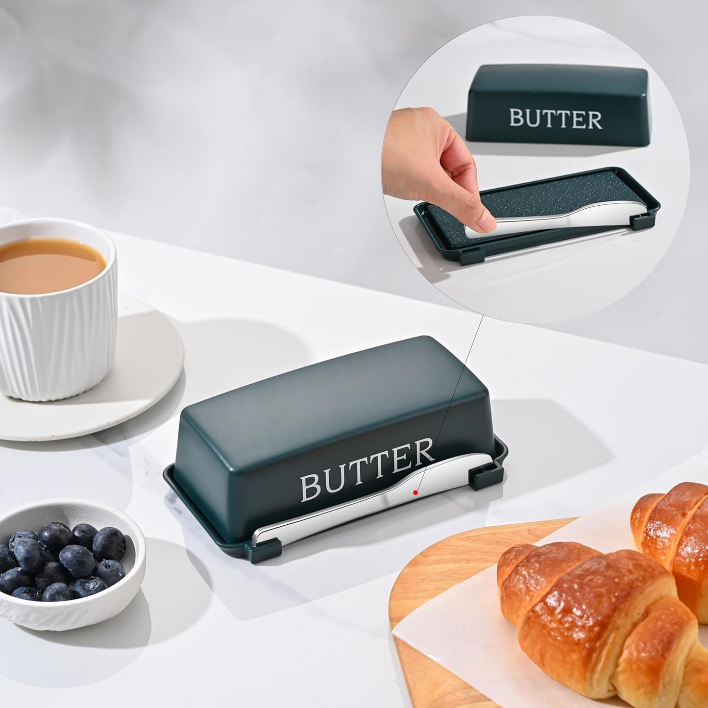 Butter Tray With Lid And Stainless Steel Knife,Large BPA Free Plastic Butter Dishes With Cover,Green Butter Storage Container Keeper