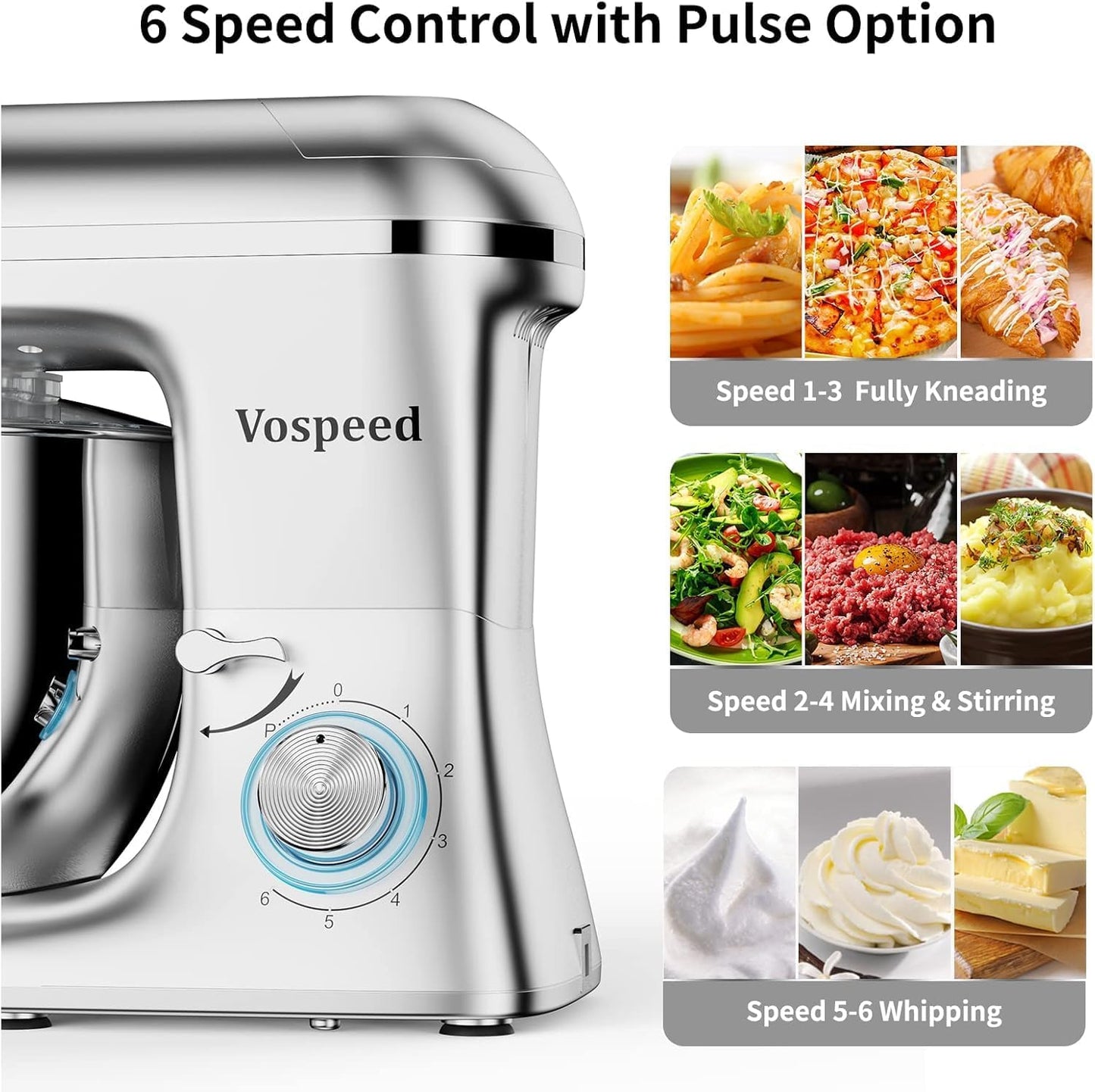 Vospeed 9 IN 1 Stand Mixer, 850W Tilt-Head Multifunctional Electric Mixer with 8 QT Stainless Steel Bowl, 1.5L Glass Jar, Meat Grinder, Hook, Whisk, Beater Dishwasher Safe (Silver)