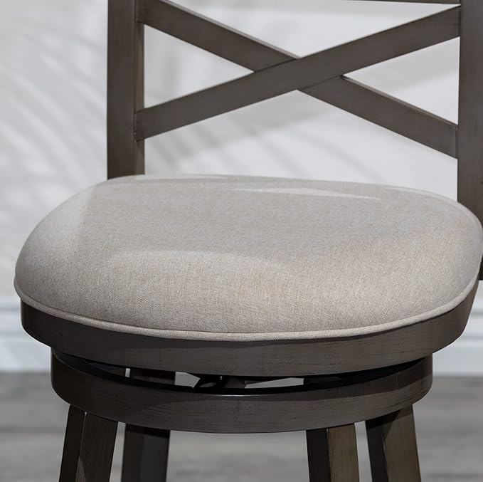 DTY Indoor Living Meeker 24 Inch Counter Height Bar Stools with Backs - Wooden Swivel Counter Stools for Kitchen Island - Beige Fabric Seat, Solid Wood Frame, Weathered Gray Finish