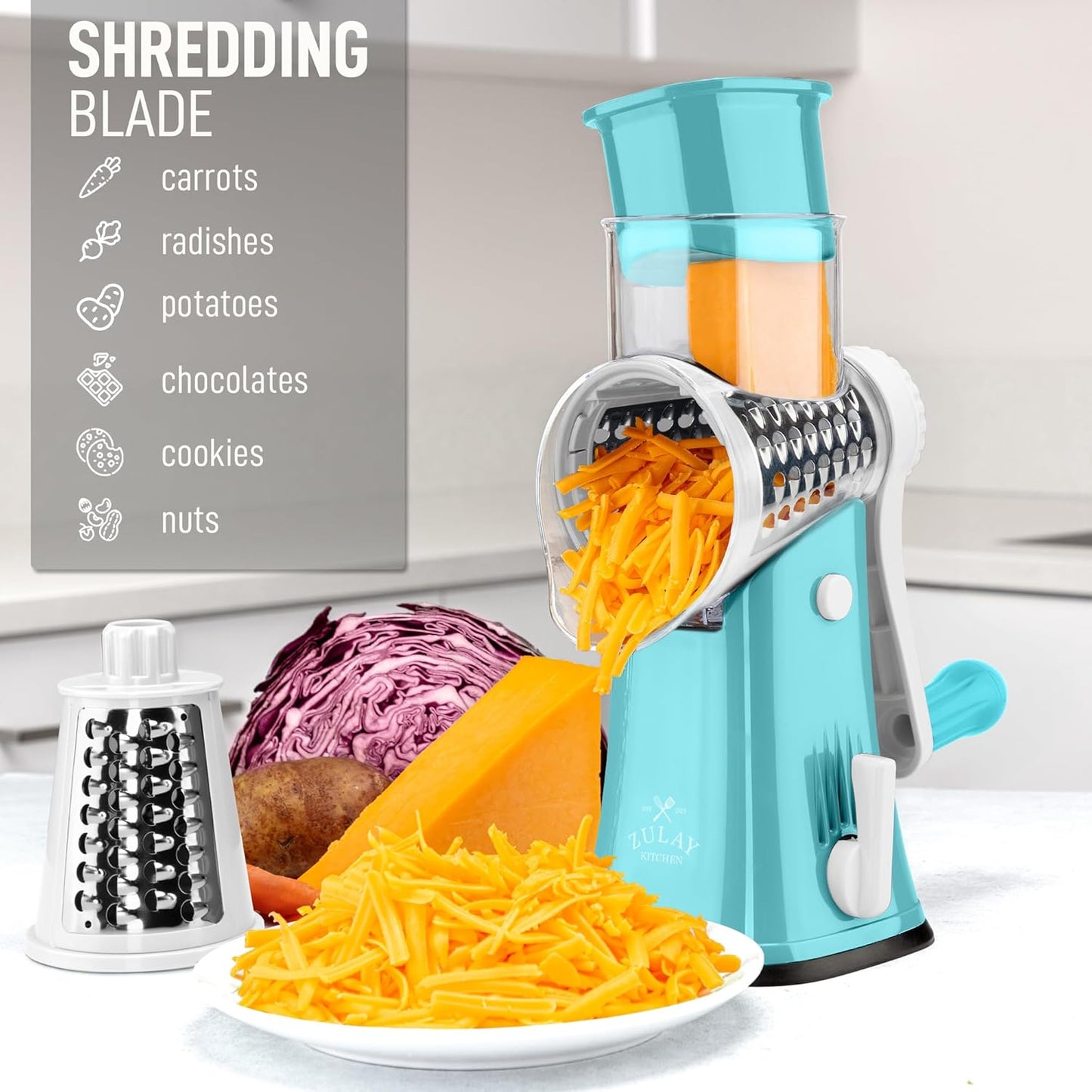 Zulay Kitchen Rotary Cheese Grater 5 Blade Cheese Shredder - Manual Hand Crank Cheese Grater With Reinforced Suction & 5 Interchangeable Drums - Easy to Use, Vegetable Chopper Round Mandoline Slicer