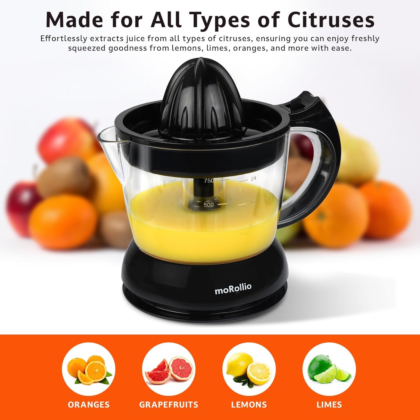 Electric Citrus Juicer, Compact Space-Saving Orange Juicer, 24oz | Adjustable Pulp Control, for Oranges, Grapefruits, Lemons and Limes