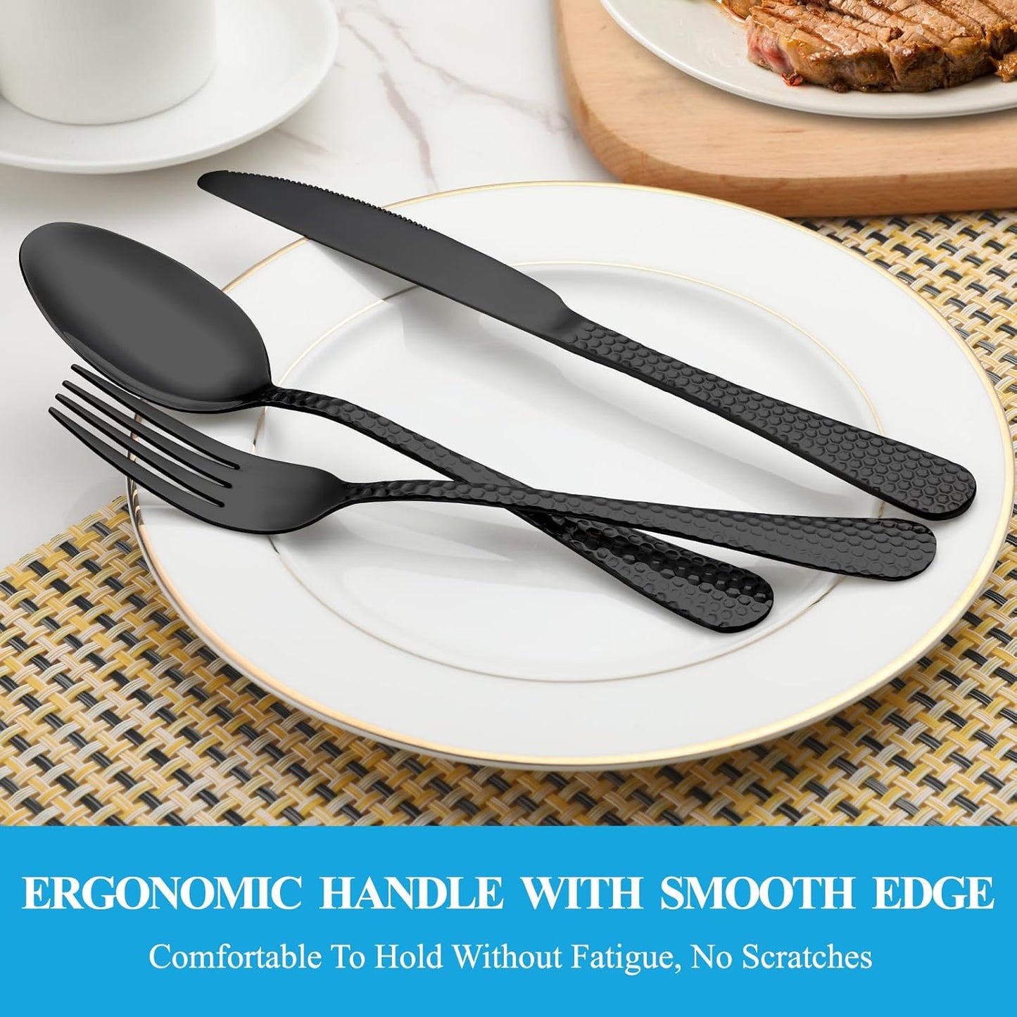 60 Pcs Black Hammered Silverware Set Service for 12,Stainless Steel Flatware Set,Mirror Polished Cutlery Utensil Set,Durable Kitchen Eating Tableware Set,Include Fork Knife Spoon Set,Dishwasher Safe