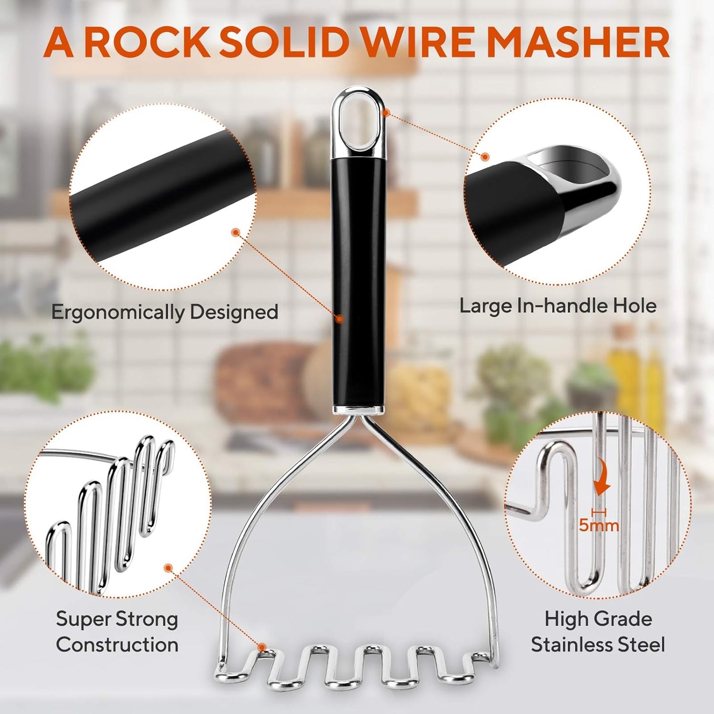 Potato Masher, Large Heavy Duty Stainless Steel Mashed Potato Masher Kitchen Tool, Professional Metal Wire Smasher for Bean, Avocado, Vegetable-10.24 inch （Silver）