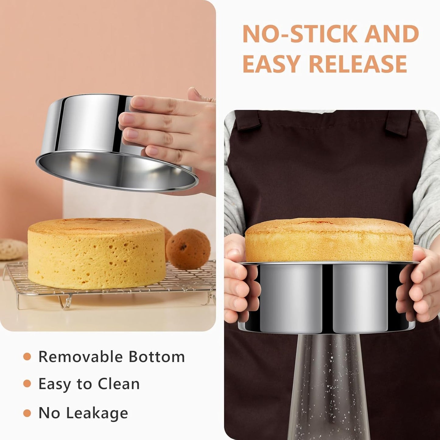 7 Inch Round Cake Pans, Removable Bottom & Easy Releasing, 304 Stainless Steel Cake Pan, Non-Toxic & Healthy Cake Baking Cheesecake Pan, Leakproof & Nonstick