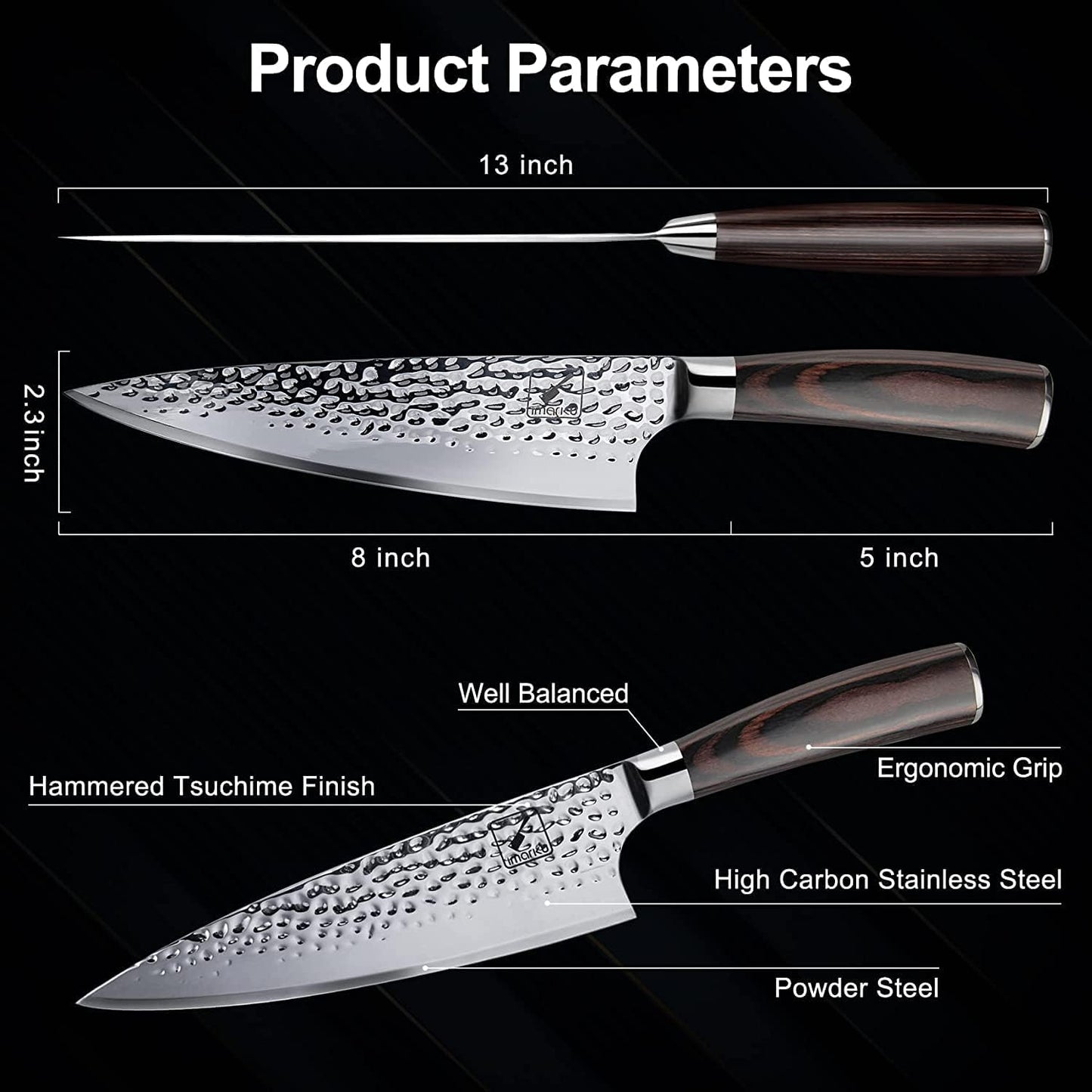 imarku Chef Knife - 8 inch Japanese Knife HC Stainless Steel Ultra Sharp Kitchen Knife Hand-Hammered Design, Damascus Chef Knife with Ergonomic Handle, Cooking Knife for Kitchen, Birthday Gifts