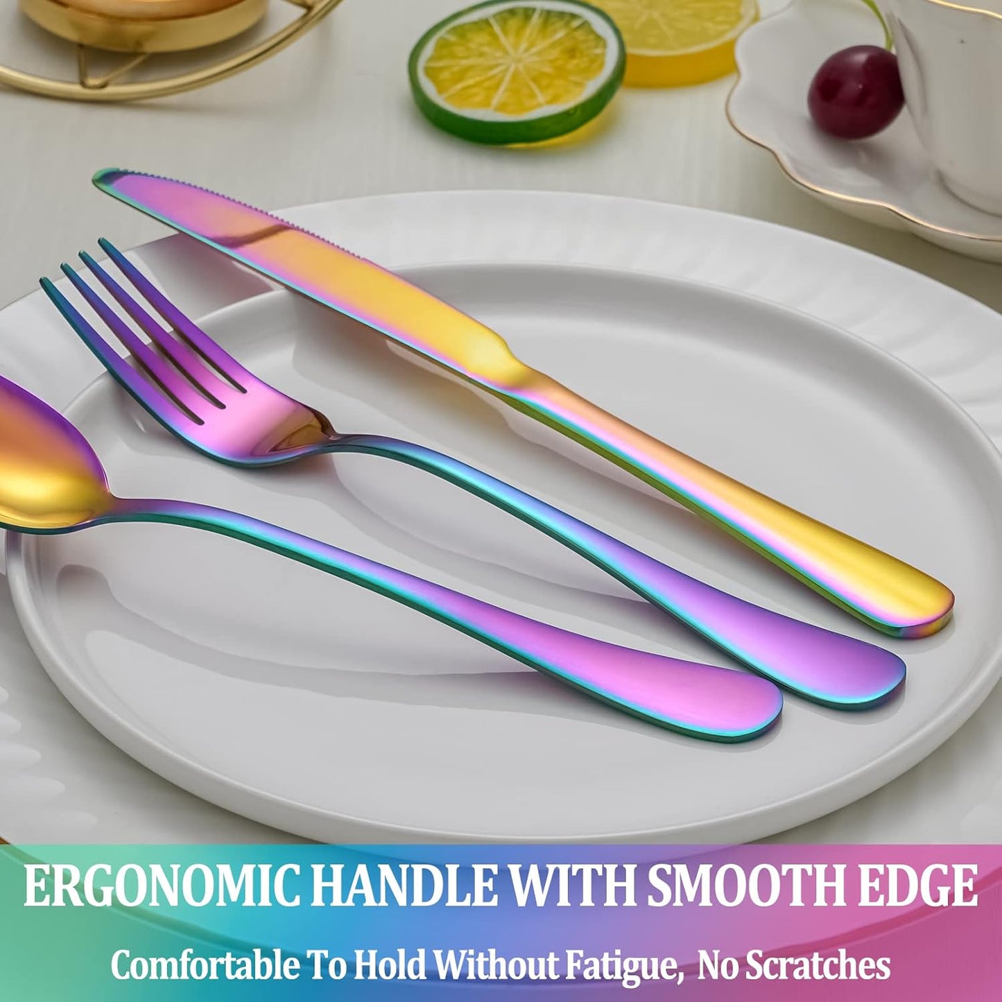 40 Pcs Rainbow Silverware Set Service for 8,Stainless Steel Flatware Serving Sets,Kitchen Tableware Set,Utensil Set for Home and Restaurant,Knives Forks Spoons Set,Mirror Polished,Dishwasher Safe