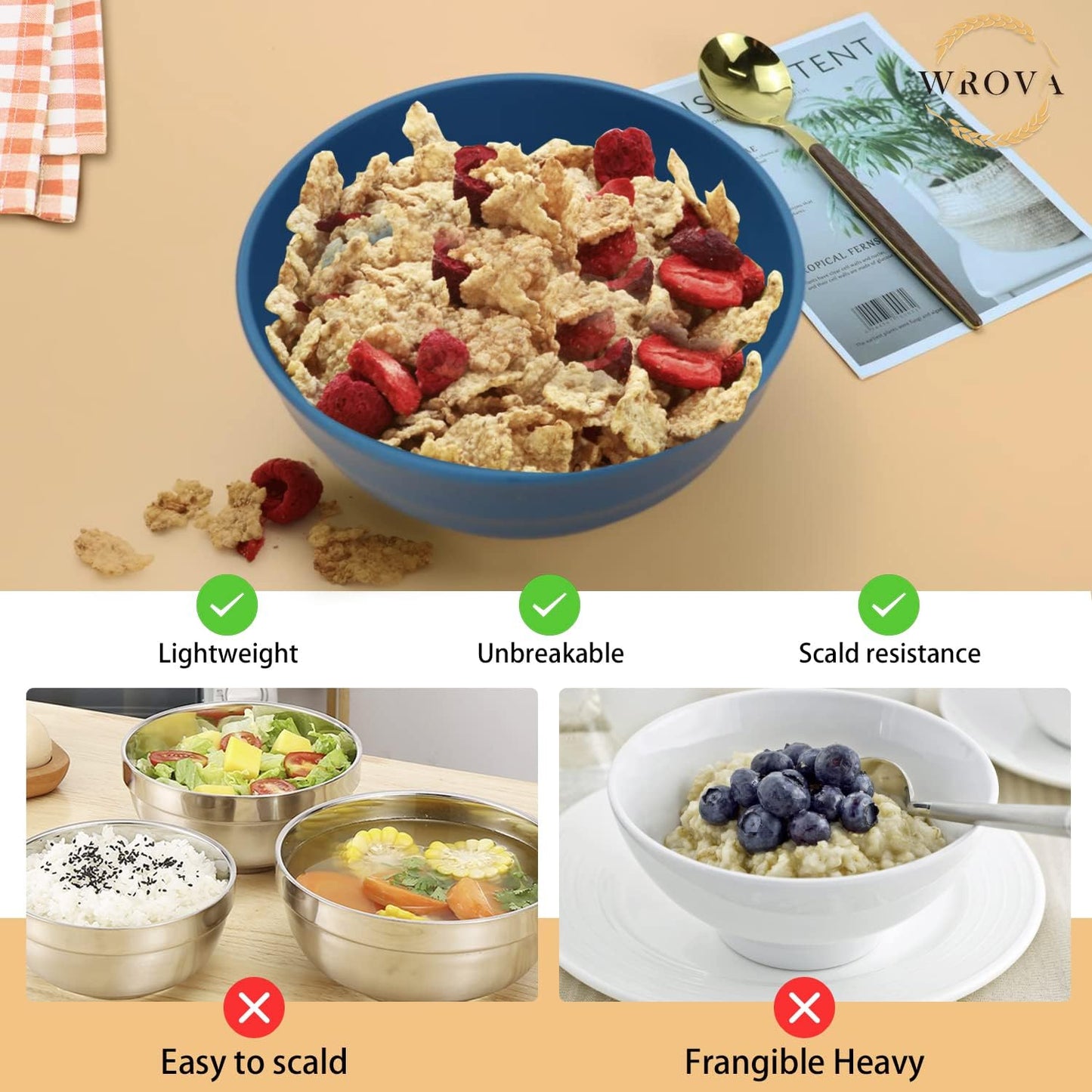 Wheat Straw Bowls Set 60 OZ Unbreakable Large Cereal Bowls Set of 6 Microwave and Dishwasher Safe Bowls Big Bowls for Camping and Party BPA Free Soup Bowl for Serving Oatmeal and Salad (Blue)
