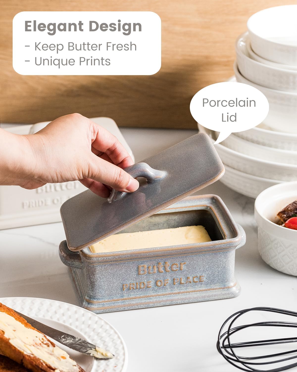 Butter Dish with Lid, Ceramic Butter Holder Container Large Butter Dish for Countertop Farmhouse Decor Butter Keeper for East West Coast Butter, Gray