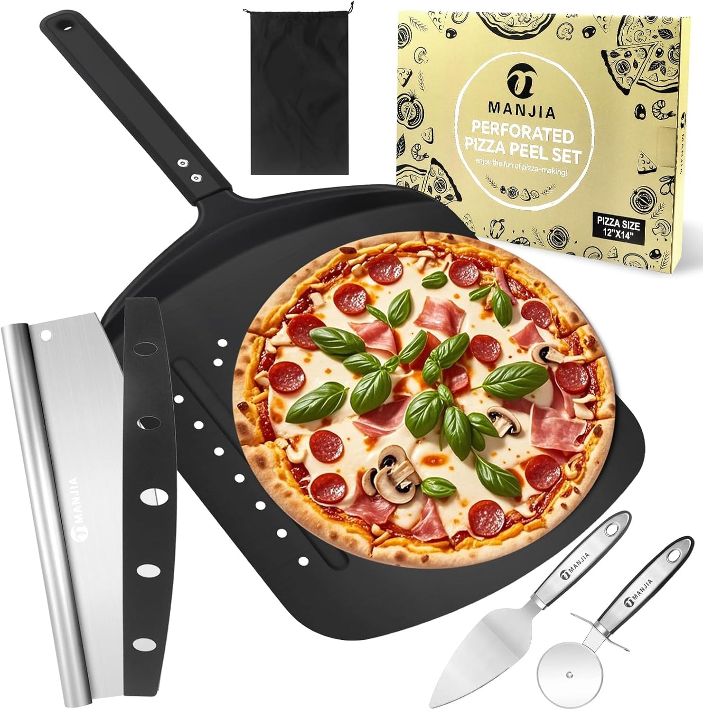 MANJIA Perforated Pizza Peel Aluminum 12 Inch Pizza Paddle Spatula Non-stick Metal Pizza Paddle with Rocker Cutter (12"x 14") Pizza Spatula Paddle Set for Family Homemade Baking Pizza Oven (black)