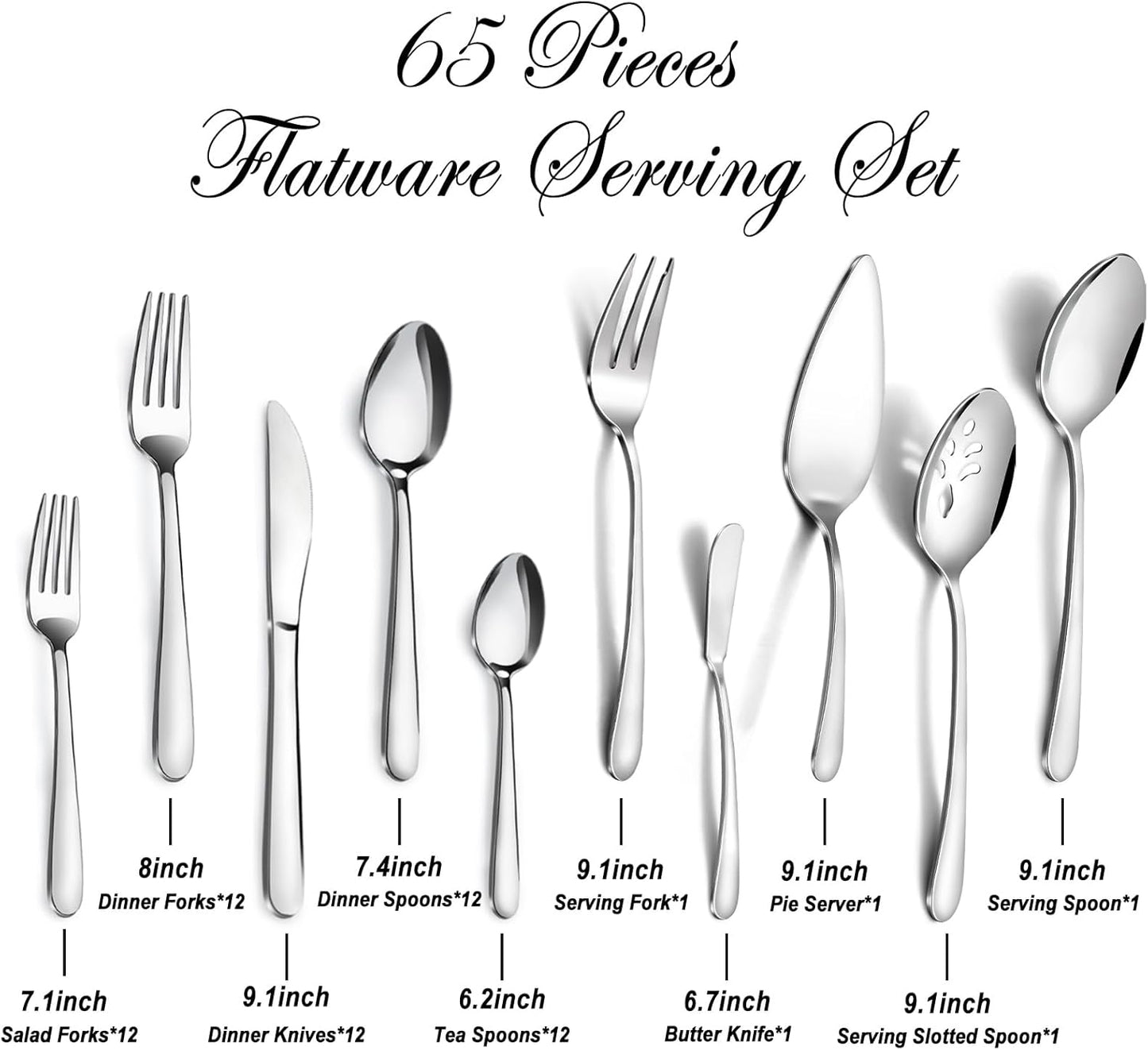 Pleafind 65-Pieces Silverware Set for 12 with 5 Serving Utensils,Stainless Steel Cutlery Set, Include Forks Spoons and Knives Set, Mirror Polished Utensil Sets for Home Restaurant,Dishwasher Safe