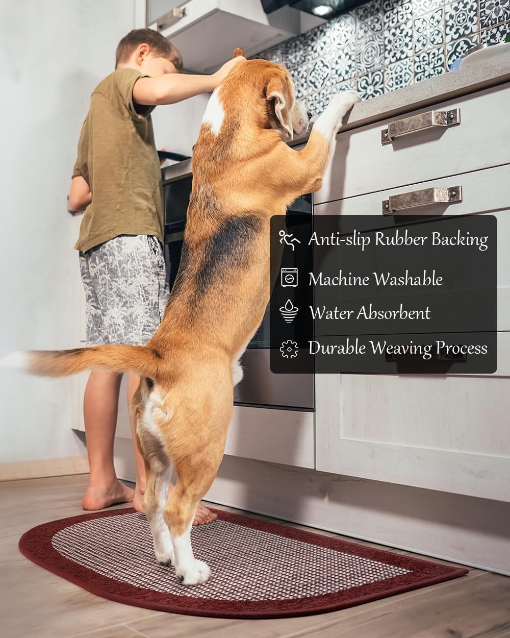 PADOOR Kitchen Mats for Floor, Kitchen Rugs Non Slip Washable, Half Circle Christmas Kitchen Floor Mat Xmas Sink Rug Rubber Backed Super Absorbent, 20”x32” Red