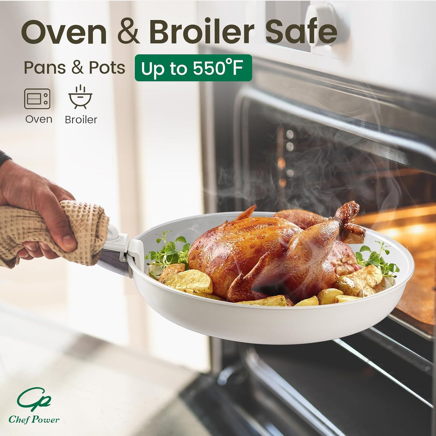 Chef Power Ceramic Nonstick Pots and Pans Set 19 Piece with Detachable Handle, Induction Dishwasher Oven Safe Cookware Set, RV Kitchen Set Removable Handle, Granite Grey and White