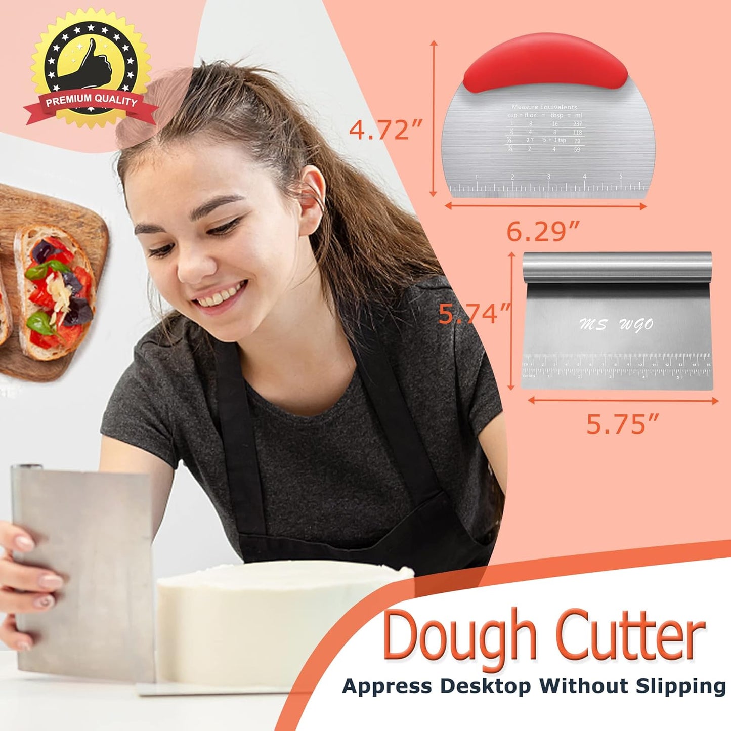 Dough Scraper Cutter Pastry Pizza Cutter Stainless Steel Tool with Scale Ruler, Kitchen Tool for Baking Cookie Dough Vegetable Bread