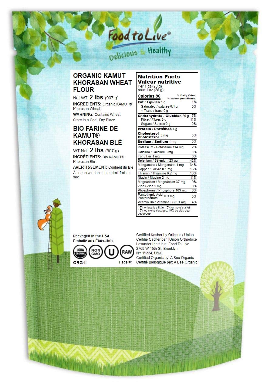 Food to Live Organic KAMUT Khorasan Wheat Flour, 2 Pounds – Stone Ground Powder, 100% Whole Grain Meal, Non-GMO, Kosher, Bulk