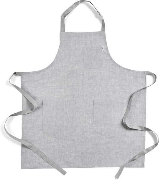 Solino Home Linen Bib Apron for Men & Women - Oyster Grey/Soft Grey Kitchen Apron with Front Pockets - Handcrafted from European Flax