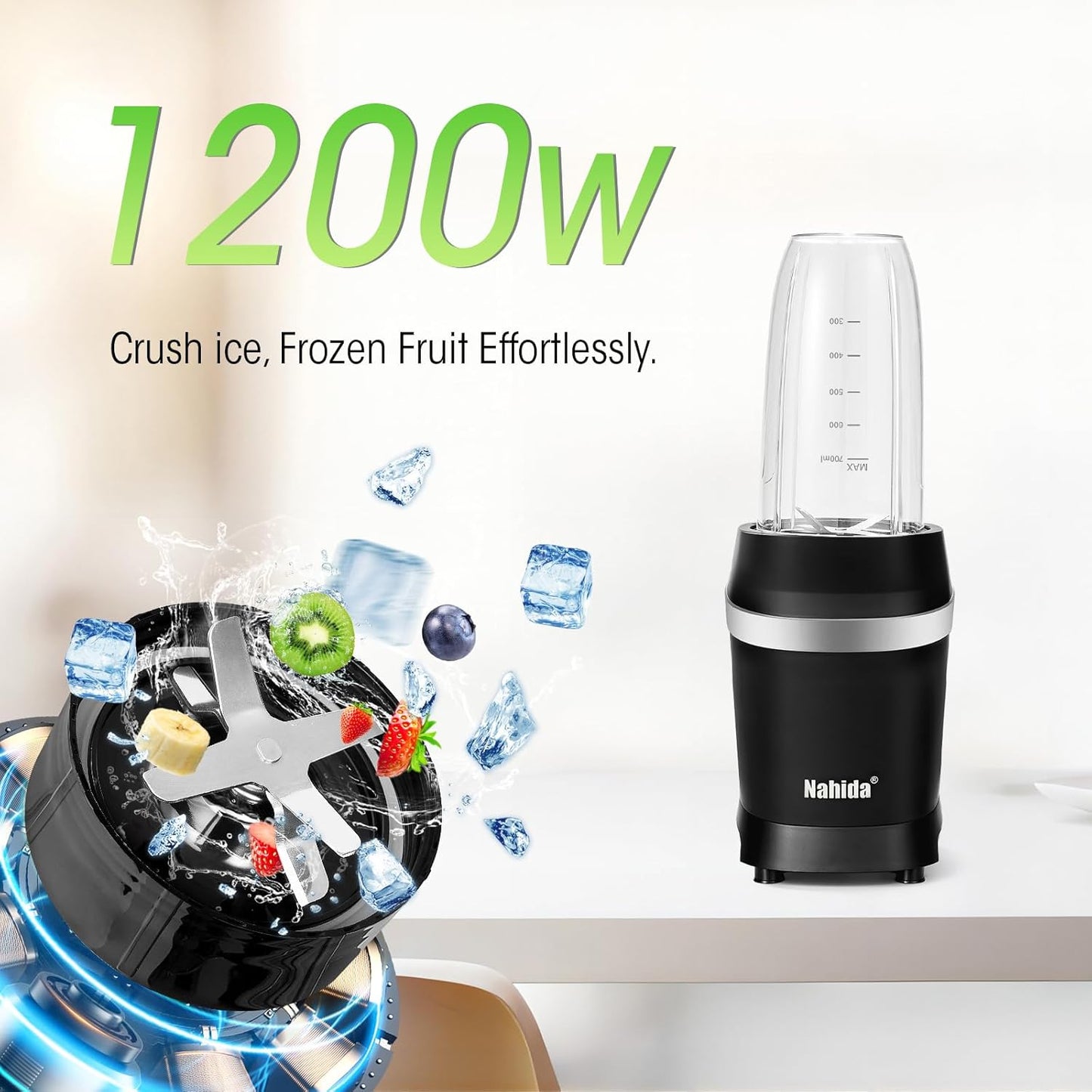 Nahida Blender for Smoothies, 1200W Smoothie Blender for Ices Crushing, Blenders with (2) 6-Fin Blades, Personal Blenders for Kitchen with 23oz, 32oz, 37oz Easy Go Cups for Juices, Black