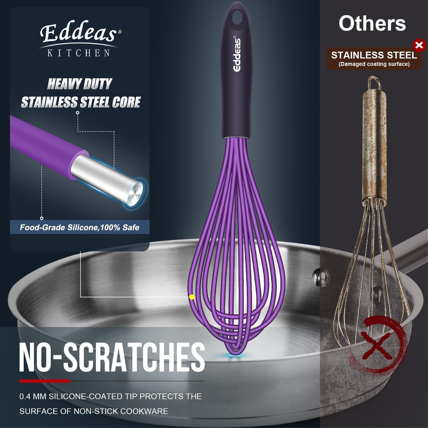 Silicone Whisk, 500°F Heat Resistant Non Scratch Coated Whisks for Cooking Baking Balloon wisk, Kitchen Whisk Tool Set, for Stirring, Beating & Blending of 3 Size 7.5"+ 9" +11 inch