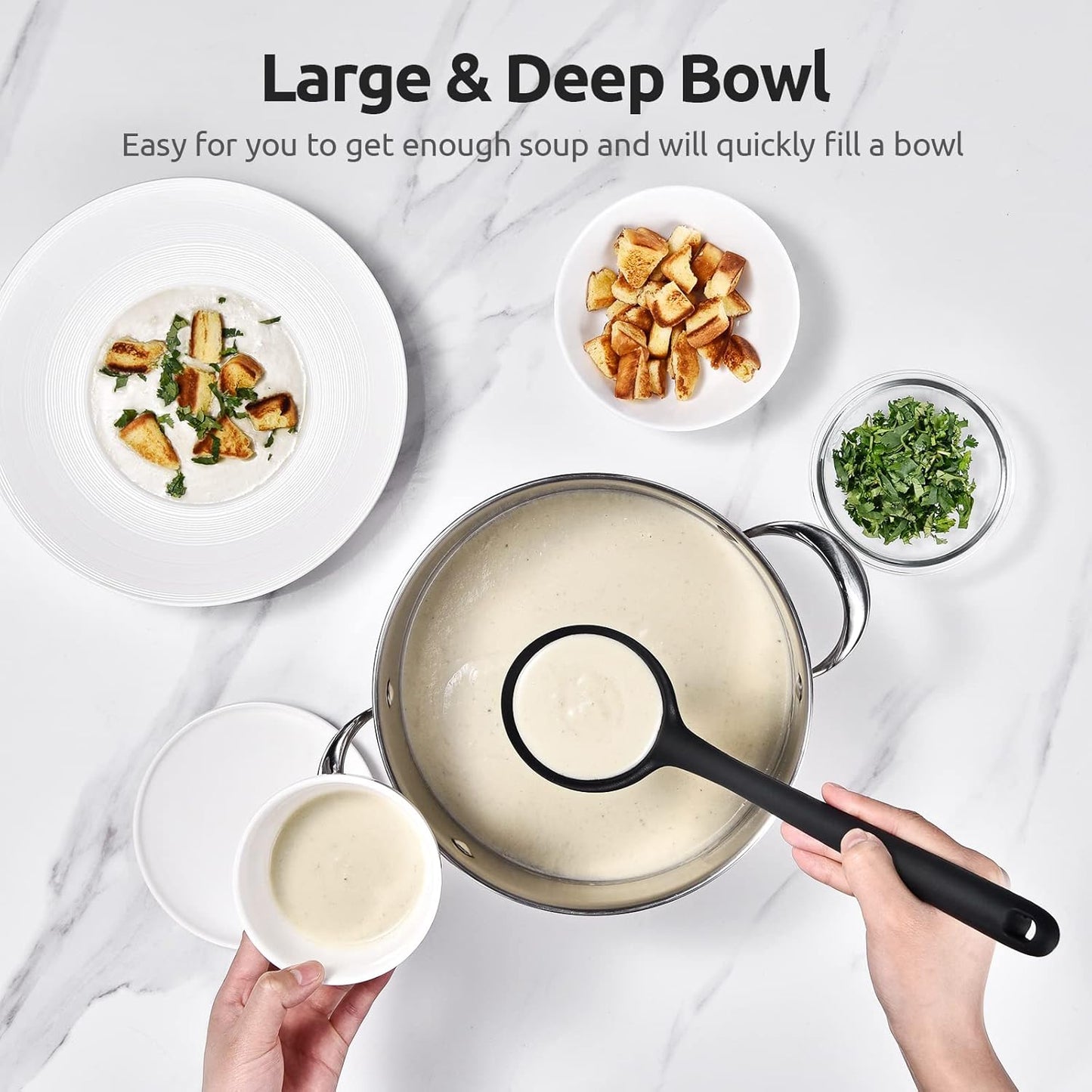 13 inch Silicone Soup Ladle: U-Taste 600ºF Heat Resistant 4 oz Large Non-stick Seamless Rubber Kitchen Deep Serving Spoon with Non Slip Solid Long Handle for Cooking Sauce/Stews/Gravies/Chili(Black)