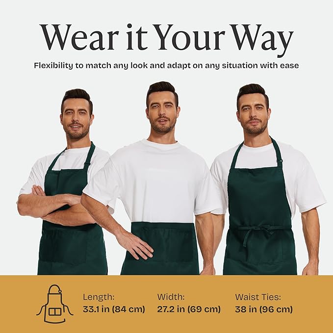 Will Well Kitchen Apron for Men and Women - 33" x 27" Oil-and-Water-Resistant with Adjustable Neck Strap and 38" Waist Ties for a Snug Fit, Lightweight with 2 Front Pockets - 1-Pack, Green