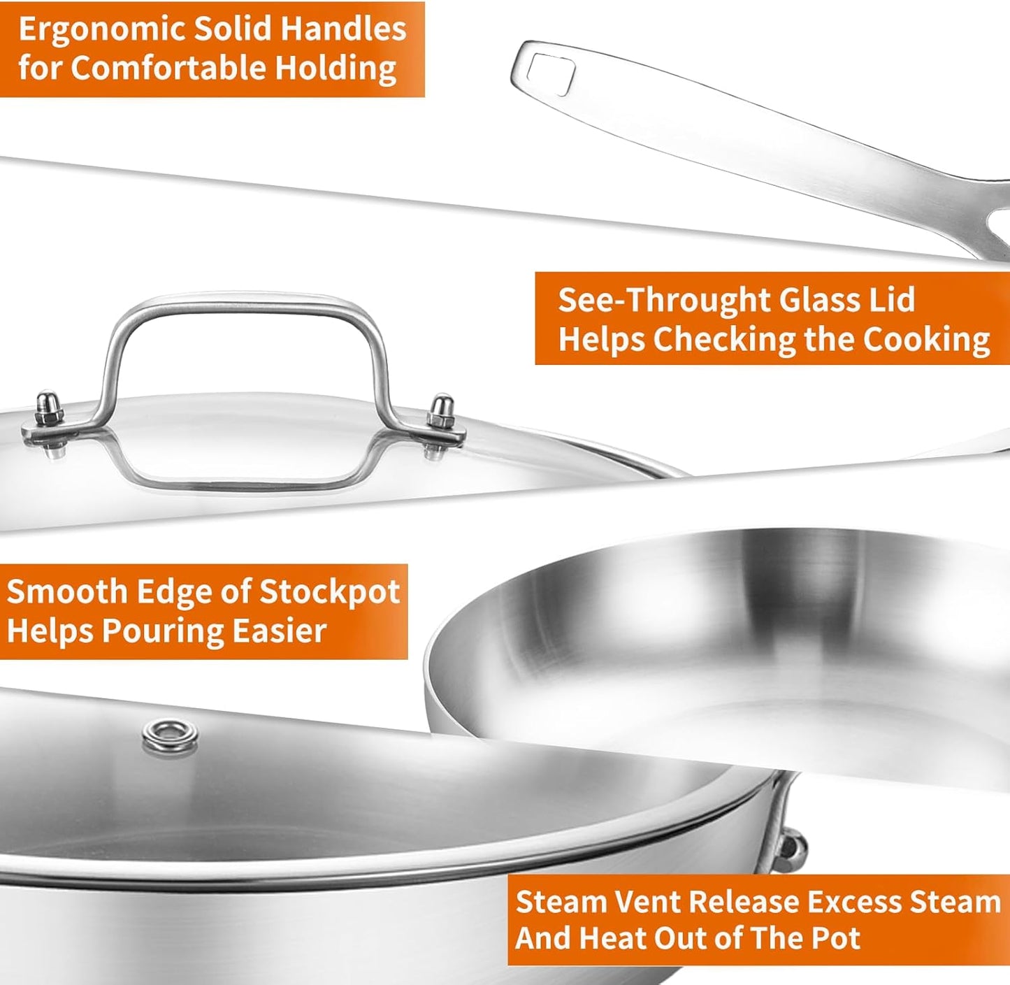 DELARLO Tri-Ply Stainless Steel 8 inch Frying Pan With Lid, Oven Safe Induction Skillet, Suitable for All Stoves Up to 600℉（Lids 300℉）