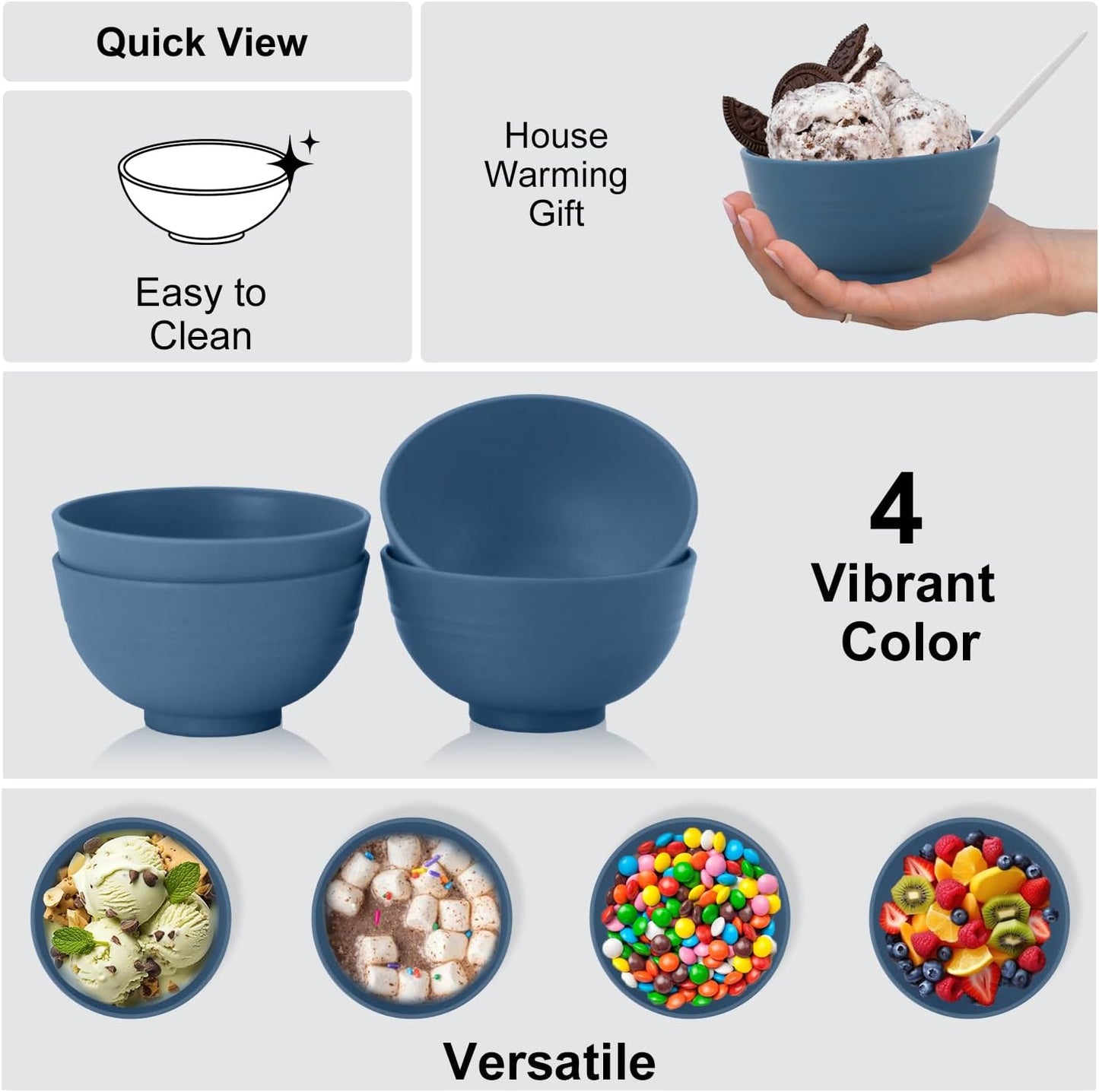 wheat straw dessert bowls 10oz set of 8 - Unbreakable snack Bowls Dishwasher Safe - Handy Bowls for Ice Cream,Yogurt and Fruits. Blue
