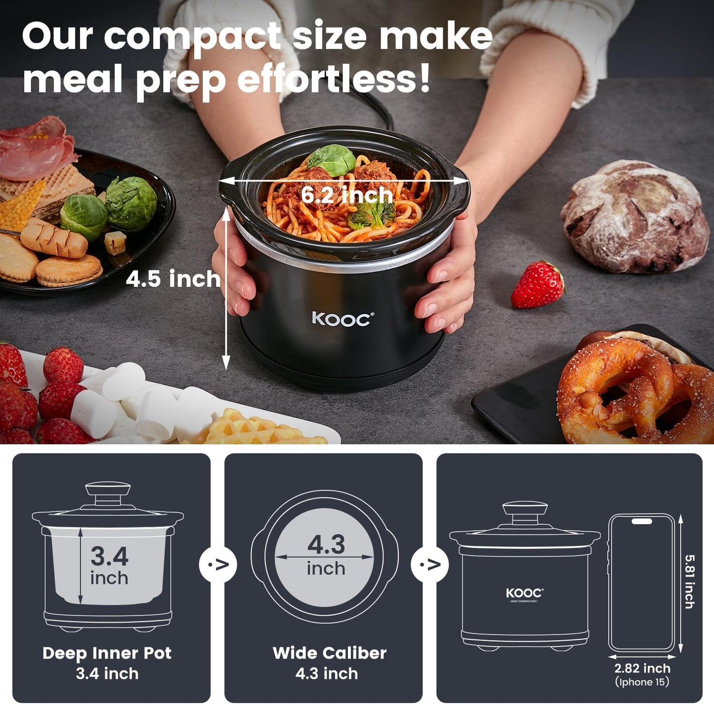 KOOC Small Slow Cooker, 0.65 Quart, Free Liners Included, Upgraded Ceramic Pot, Nutrient Loss Reduction, Sauces, Stews & Dips, Stainless Steel, Black, Round