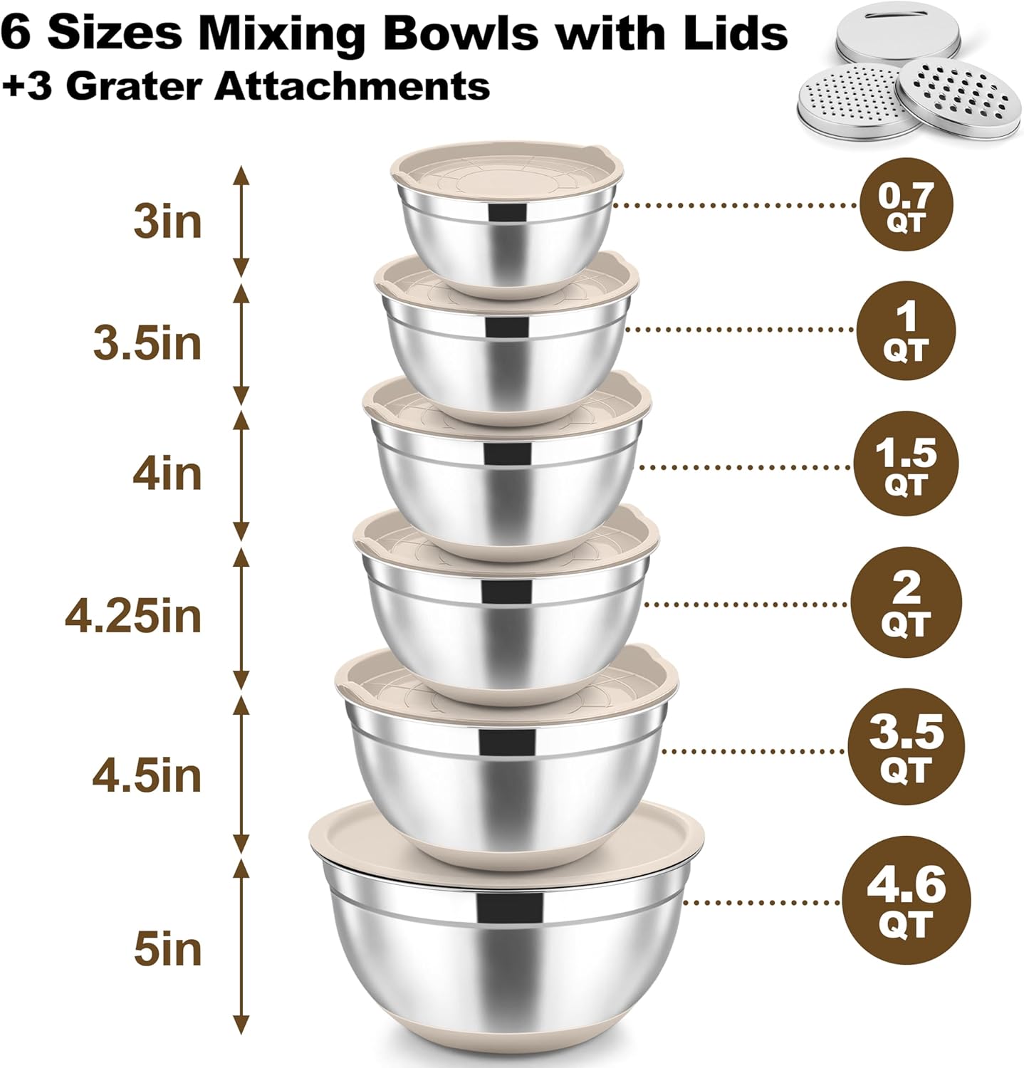 TeamFar Mixing Bowls, Stainless Steel Nesting Salad Bowl with Lids & 3 Graters, For Kitchen Cooking Serving Prepping, Airtight & Non-Slip, Size 4.6/3.5/2/1.5/1/0.7 QT, Set of 5 & Khaki