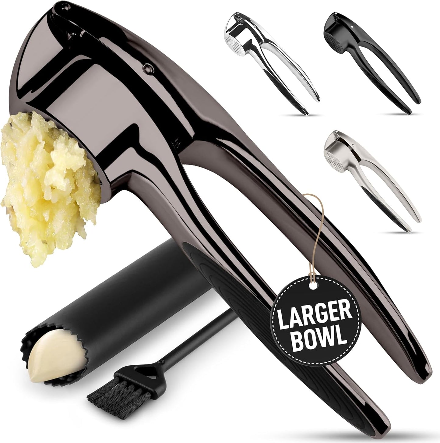 Zulay Kitchen Large Premium Garlic Press Set – Rust Proof & Dishwasher Safe, Bigger Bowl Garlic Mincer Tool with Silicone Garlic Peeler & Brush, Easy Squeeze & Clean, Ergonomic Handle - Dark Gray