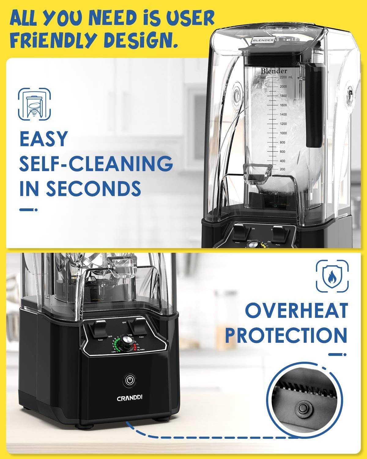 CRANDDI Quiet Commercial Blender with Soundproof Shield, 2200 Watt Professional Blenders for Kitchen with 80oz Jar and Self-Cleaning, High-Speed Blenders K90 Black